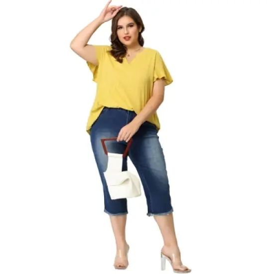 Agnes Orinda Women's Plus Size Casual Trendy V Neck Flare Sleeve Striped T-shirts image {2}