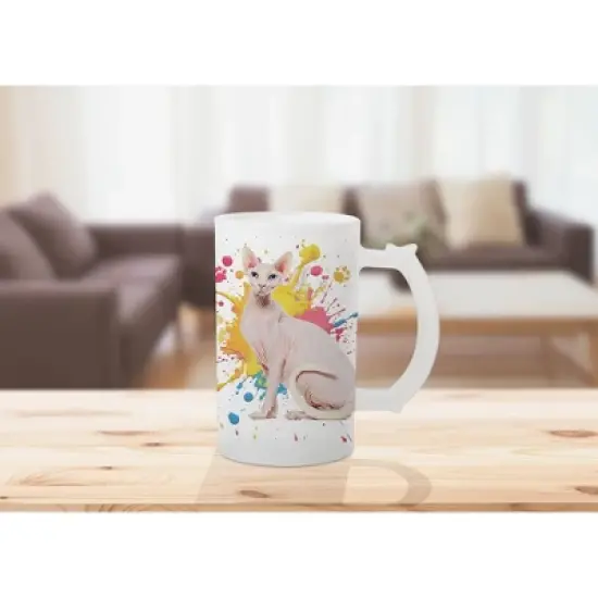 100 North Freezable Beer Stein Mug With Thumb Grip Handle, 16 Ounce Frosted Glass, Sphynx Cat Paint Splatter image {4}