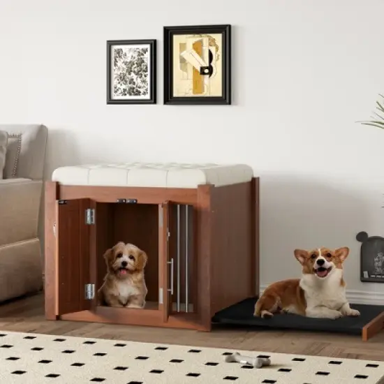 2 in 1 Dog Crate Wooden Dog Kennel Pet Crate House with Padded Seat, Ottoman with Removable Cushion, Walnut - ModernLuxe image {16}
