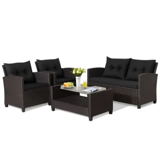Tangkula 8PCS Outdoor Conversation Set Patio PE Rattan Set w/ Glass Table & Sofa Cushions image {9}