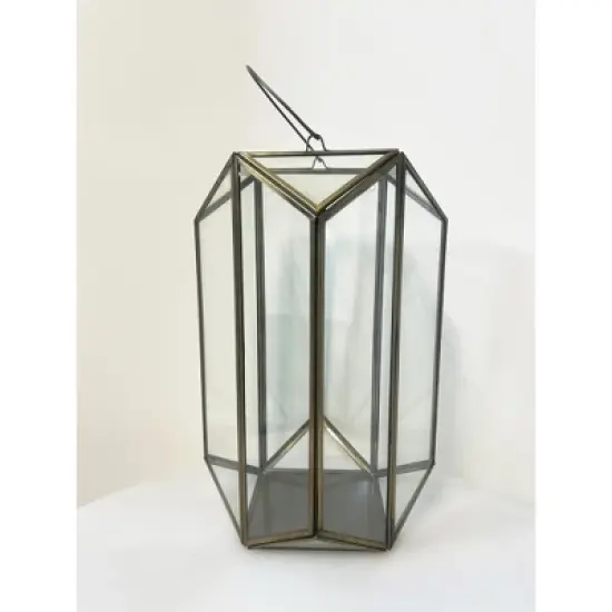 Essential Decor & Beyond Antique Brass 14" Glass and Metal Lantern Decorative Accent image {1}