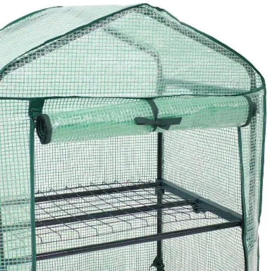 Sunnydaze Outdoor Portable Growing Rack 2-Tier Greenhouse with Roll-Up Door - 2 Shelves - Green image {2}