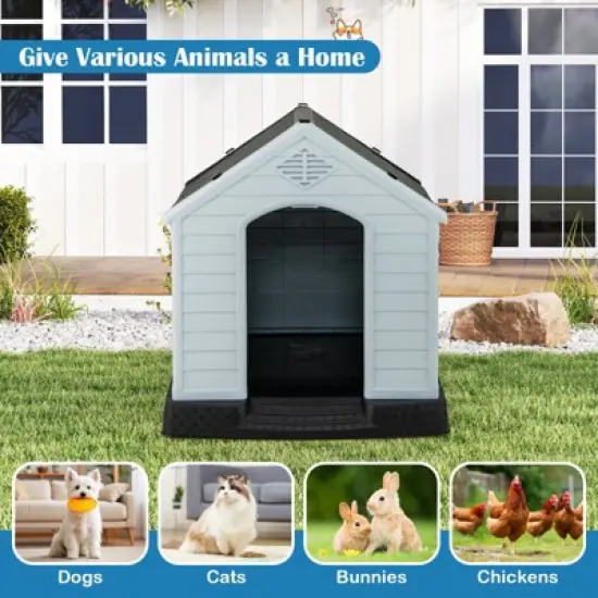 Costway Enduring Waterproof Plastic Dog House w/Sloping Roofs Indoor Outdoor Dog House Gray image {5}