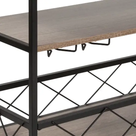 Merrick Lane Rolling Kitchen Serving and Bar Cart with Shelves and Wine Glass Holders in Distressed Light Oak Wood and Black Iron image {9}