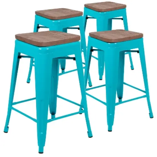 Merrick Lane 24 Inch Tall Stackable Metal Bar Counter Stool With Textured Elm Wood Seat In Set Of 4 image {17}