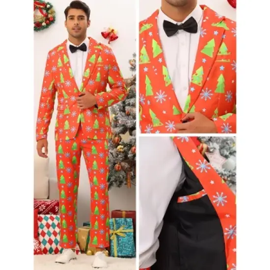 Lars Amadeus Men's Notch Lapel Christmas Costumes Printed Blazer image {3}