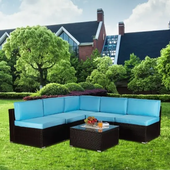 6pc Outdoor Rattan Wicker Conversation Set with Cushions - Brown/Blue - GODEER image {2}