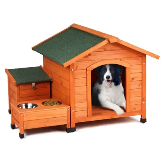 phiestina Wooden Feral Dog House, 32"x34.5"x29.5", with Food Bowl & Storage Bucket for Indoor/Outdoor Use image {10}