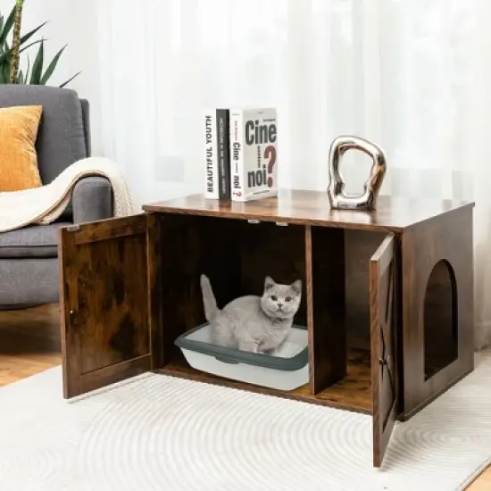 Costway Wooden Cat Litter Box Enclosure Hidden Cabinet Furniture w/ Divider Pet House image {2}