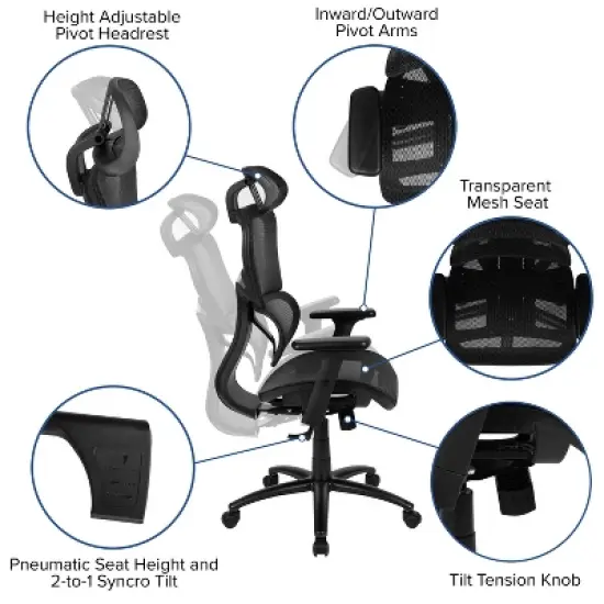 Flash Furniture Ergonomic Mesh Office Chair with 2-to-1 Synchro-Tilt, Adjustable Headrest, Lumbar Support, and Adjustable Pivot Arms image {12}