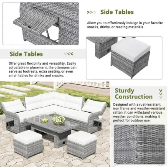FIONECA Outdoor Patio Rattan Furniture Set with Adjustable Table, Recliners & Ottomans &uml;C Beige, Perfect for Backyard, Lawn, or Pool image {3}