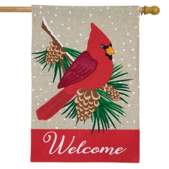 Briarwood Lane Cardinal Winter Burlap House Flag Welcome Pinecone image {1}