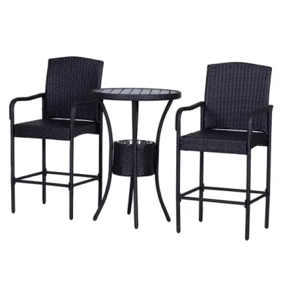 Outsunny Rattan Wicker Bar Set for 3 PCS with Ice Buckets, Patio Furniture with 1 Bar Table and 2 Bar Stools for Poolside, Backyard, Porches image {3}
