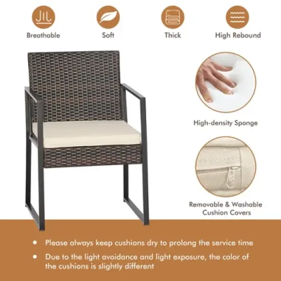 Tangkula 3PCS Patio Rattan Hand-Woven PE Wicker Bistro Set Outdoor Furniture Set w/ Table & Cushion image {6}