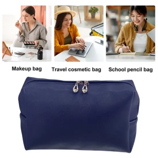 Unique Bargains PU Leather Waterproof Makeup Bag Cosmetic Case Makeup Bag for Women S Size Dark Blue 1 Pcs image {1}