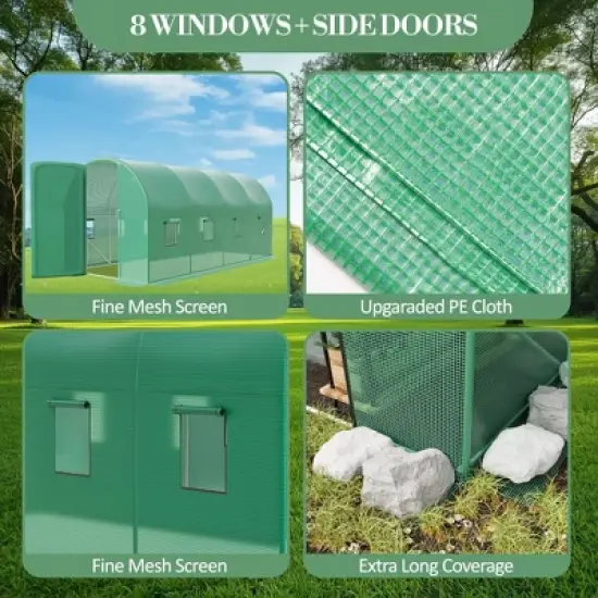 Outdoor Greenhouse -  Walk-In Tunnel with 8 Mesh Vents, Swing Door & Roll-Up Door, Reinforced Galvanized Steel Frame & Durable PE Cover image {8}