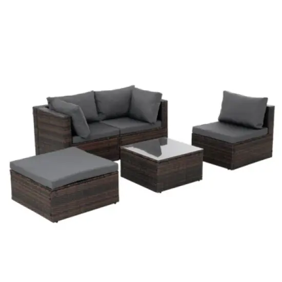 GlasFlength 5PCS Patio Seating Rattan Furniture Set Sectional Sofa Cushioned Garden, Tempered Glass Table, Grey, 28.94"*28.55"*24.8" image {5}
