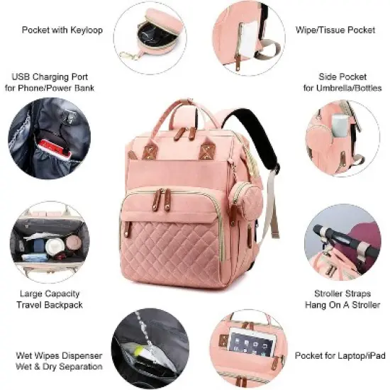 Waterproof 3-in-1 Baby Diaper Backpack with Foldable Changing Pad - Pink image {3}