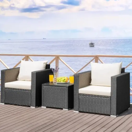 Tangkula 3PCS Rattan Patio Conversation Furniture Set Outdoor Sofa Set w/ Cushions image {3}