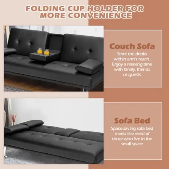 Costway Convertible Folding Futon Sofa Bed Leather w/Cup Holders&Armrests White\Black\Brown image {6}