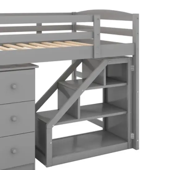 Twin Size Loft Bed with Multifunctional Movable Built-in Desk and Staircase-ModernLuxe image {8}