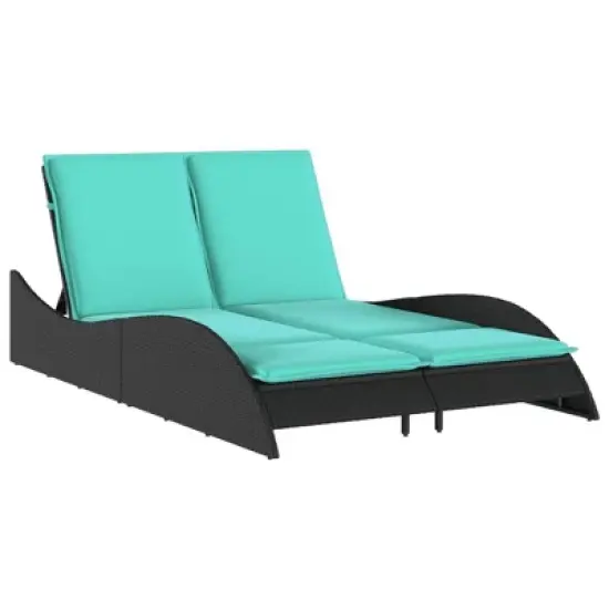 vidaXL Sun Lounger - Black Poly Rattan, Blue Cushions, Adjustable, Garden/Patio Outdoor Chaise daybed, 3-Position backrest, Removable Covers image {10}