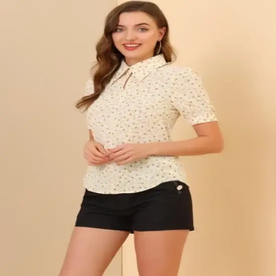 Allegra K Women's Vintage Floral Turndown Collar Split Neck Puff Short Sleeve Chiffon Elegant Blouse image {3}