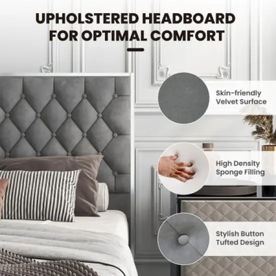 Costway  Upholstered Bed Mattress Foundation with Button Tufted Velvet Headboard image {6}