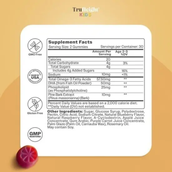 TruHeight Kids Brain Growth Gummies (Ages 2+) All Natural Kids & Toddler Vitamins - Omega-3, DHA Multivitamin - Brain & Memory Supplements image {4}