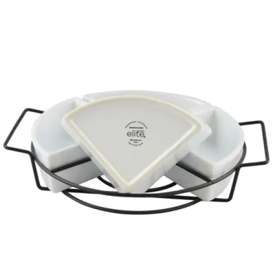 Gibson Gracious Fine Ceramic Dining Four Section Tray Set with Metal Rack in White image {1}