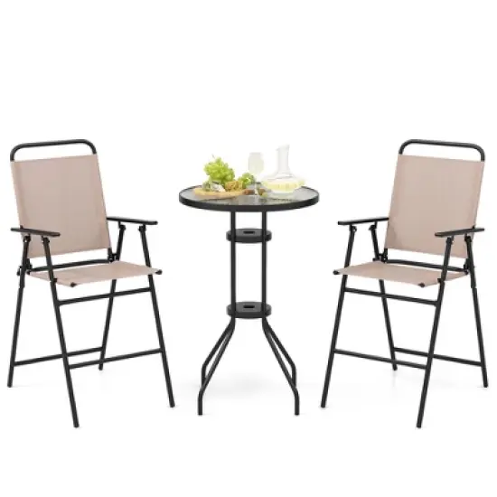 Costway 3PCS Patio Bistro Set Folding Chairs Round Bar Table with 1.6'' Umbrella Hole Yard image {10}