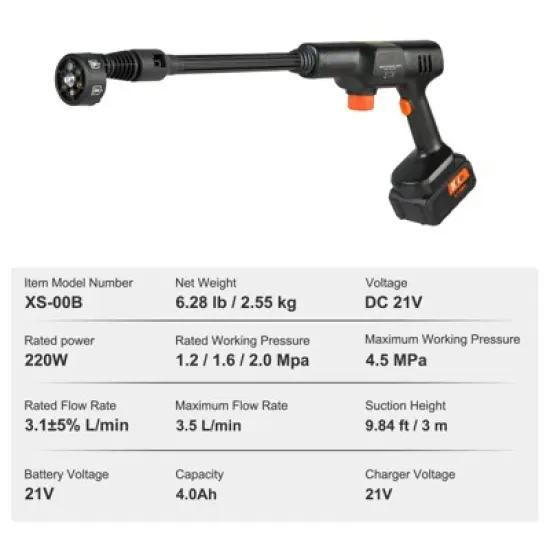 VEVOR Cordless Pressure Washer, 652-PSI 1.0 GPM Portable Power Cleaner, Handheld High-Pressure Car Washer Gun with 4.0Ah Battery, Charger, Black image {7}