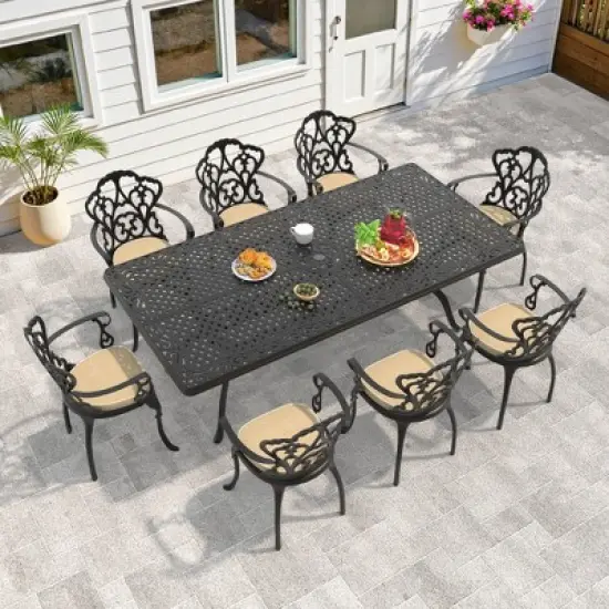 (9-PC)Premium Black Cast Aluminum Patio Set - Weather-Resistant Outdoor Table & Chairs with Beige Cushions image {9}