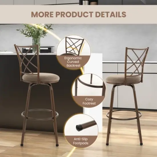 Costway Set of 2 24/30 Inch Adjustable Swivel Barstools Metal Dining Chairs Brown image {8}