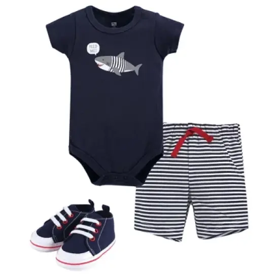 Hudson Baby Infant Boy Cotton Bodysuit, Shorts and Shoe 3pc Set, Blue Shark image {4}