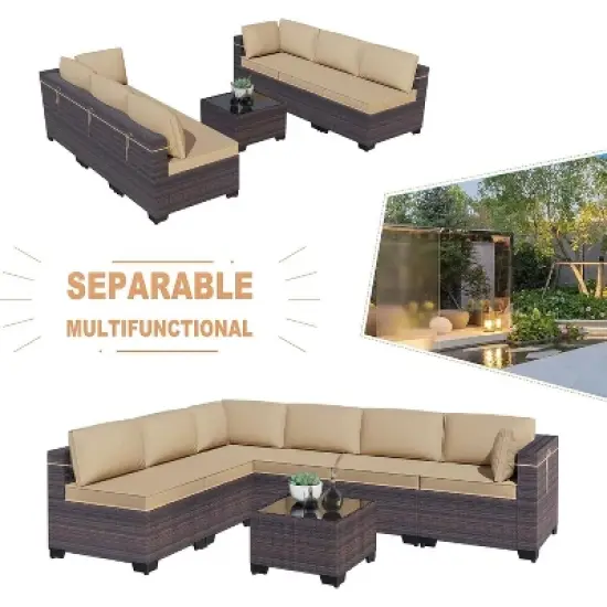 ALAULM Patio Furniture 7 Pieces Outdoor Sectional PE Rattan Sofa Set Brown Manual Wicker Patio Conversation Set image {8}