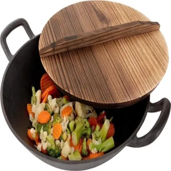 Homeries Pre-Seasoned Cast Iron Wok with 2 Handled and Wooden Lid image {5}