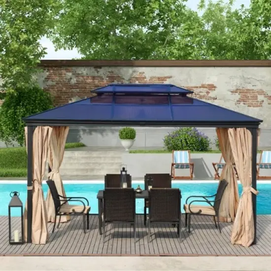 Aoodor 10'x 13 in Gazebo Polycarbonate Hardtop Roof, Aluminum Frame with Mosquito and Curtain, Blue image {2}