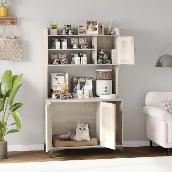 Acekool Cat Litter Box Enclosure, Multi-Functional Storage Cabinet with 3 Doors and Scratch Mat, 31.5"x17.7"x51.1" image {5}