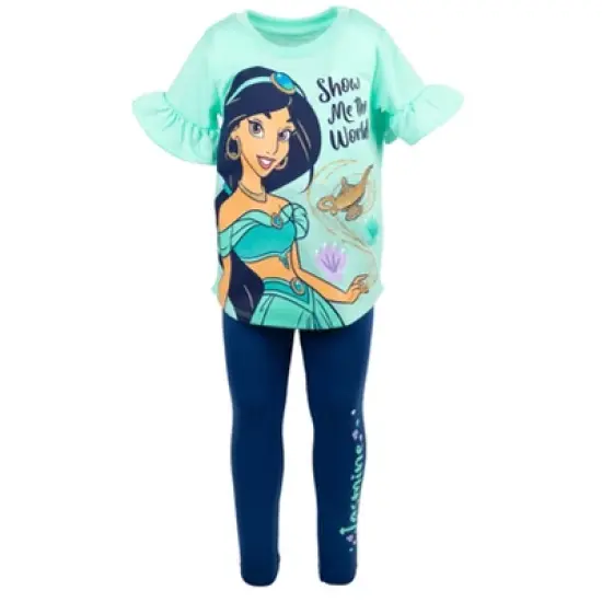 Disney Princess Moana Frozen Little Mermaid Rapunzel Jasmine Belle Girls T-Shirt and Leggings Outfit Set Toddler to Big Kid image {2}