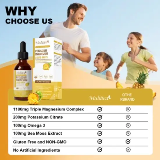 Mulittea Potassium Magnesium Liquid Supplement - Plus Calcium, Vitamin C, Zinc for Bone & Energy & Immune Support - 2 Fl oz(Pineapple flavor) image {5}