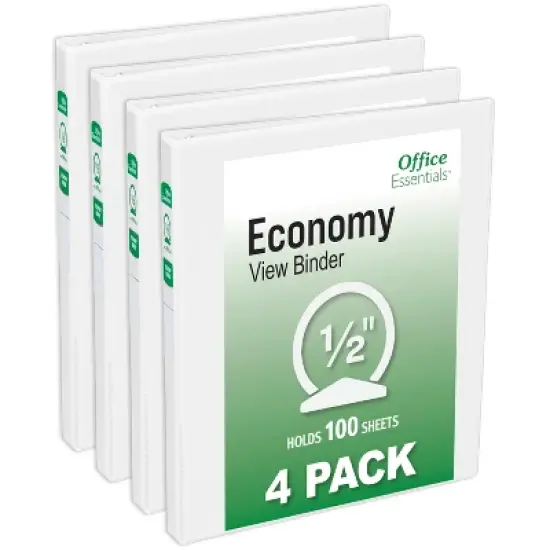 Office Essentials Economy View 3 Ring Binders, 0.5" Round Rings, 0.7" Spine, 100-Sheet Capacity, White Binders (4-Pack of 03124) image {7}