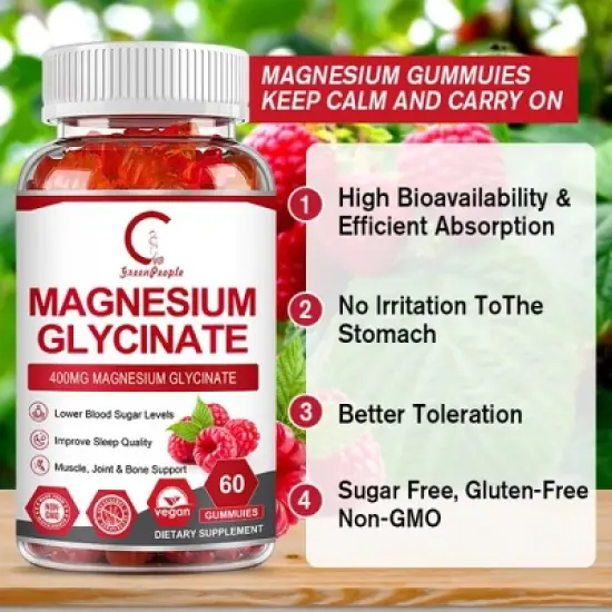 GPGP GreenPeople Magnesium Glycinate Gummies 400mg - with Calcium, Potassium, Vitamin D for Immune Health - 60 Ct (Raspberry) image {5}
