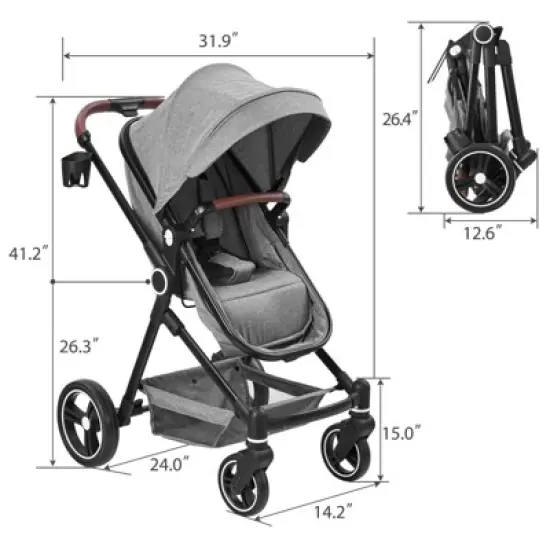 Foldable 2-In-1 Baby Stroller & Bassinet, Reversible Seat, Adjustable Backrest & Canopy, Storage Basket, Suspension Wheels, Light Grey image {7}