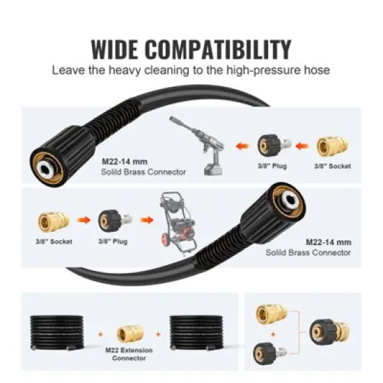 VEVOR Pressure Washer Hose, 100FT, 1/4" Kink Free M22-14mm Brass Thread Replacement For Most Brand Pressure Washers, 3/4'' Bending Radius, Black image {2}