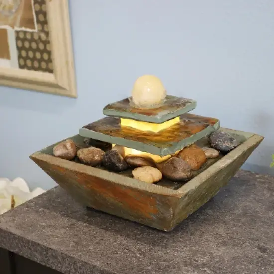 Sunnydaze Indoor Home Office Slate and Polished Stone Ball Tiered Tabletop Water Fountain with LED Light - 8" image {2}
