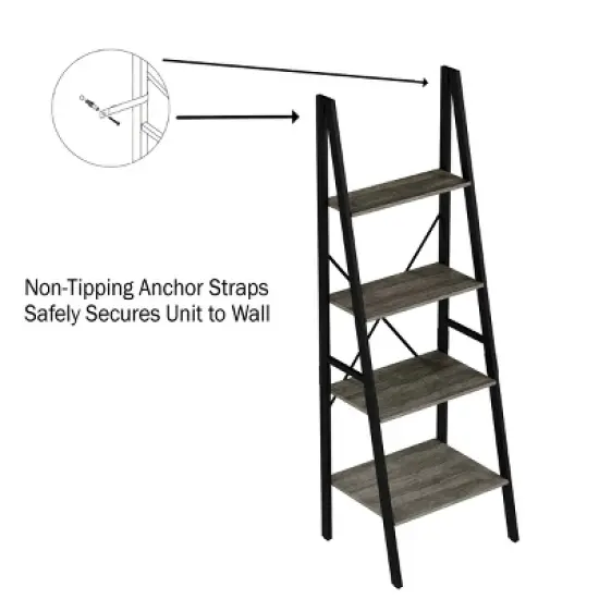 Lavish Home 4-Tier Ladder Bookshelf &ndash; Freestanding Industrial Style Wooden Shelving, Gray/Black image {3}