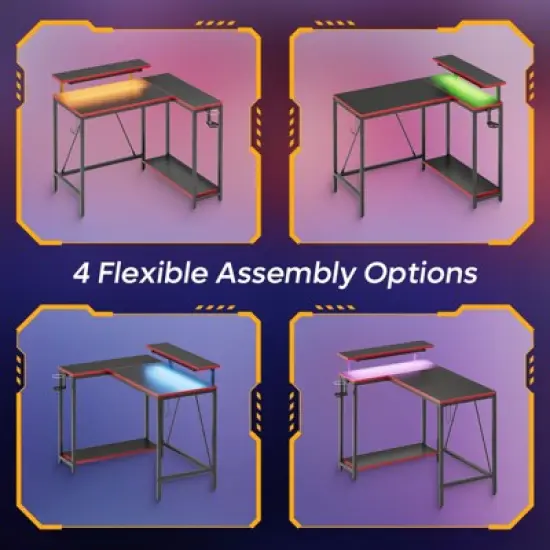 Pinmoco 42 inch Reversible L-Shaped Gaming Desk with LED Light Monitor Stand Headphone Hook & Storage Shelves for Home Office image {3}