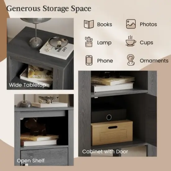 Costway Nightstand Compact Side End Sofa Table with  Open Shelf & Cabinet Dark Grey Oak/Walnut image {7}