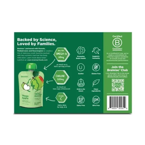 Brainiac Kids Brain Squeezers Applesauce Pouches with Omega-3s Variety Pack Apple, Strawberry and Cinnamon - 3.2oz/10ct image {10}